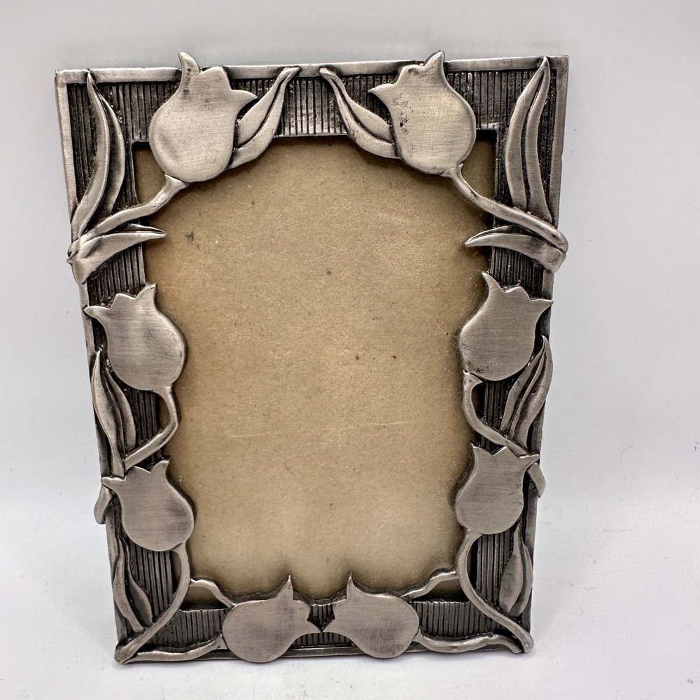 Vintage Kenrich Pewter Tone Tulip Floral Metal Picture Frame Art Nouveau 4x6